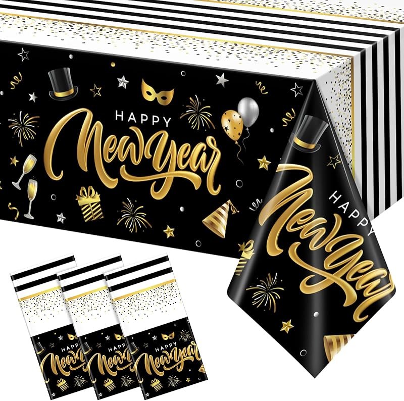Hallswl 3 Pieces Happy New Year Tablecloths Black Gold Plastic Disposable Table Cloth Rectangle New Year Table Cover