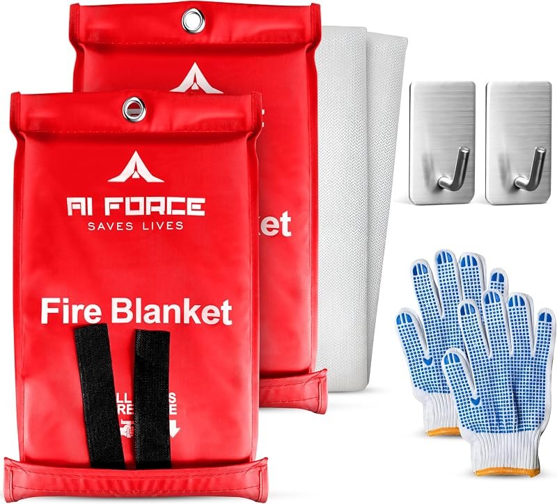 AI FORCE Fire Suppression Blanket (2-Pack, Fiberglass, Red) - Emergency Blanket with Gloves & Hooks for Home, Kitchen