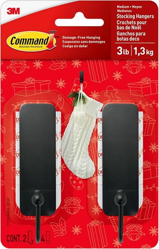 Medium Matte Black Stocking Hangers, 2 Hooks and 4 Strips, Damage Free Hanging Wall Hooks with Adhesive Strips, No