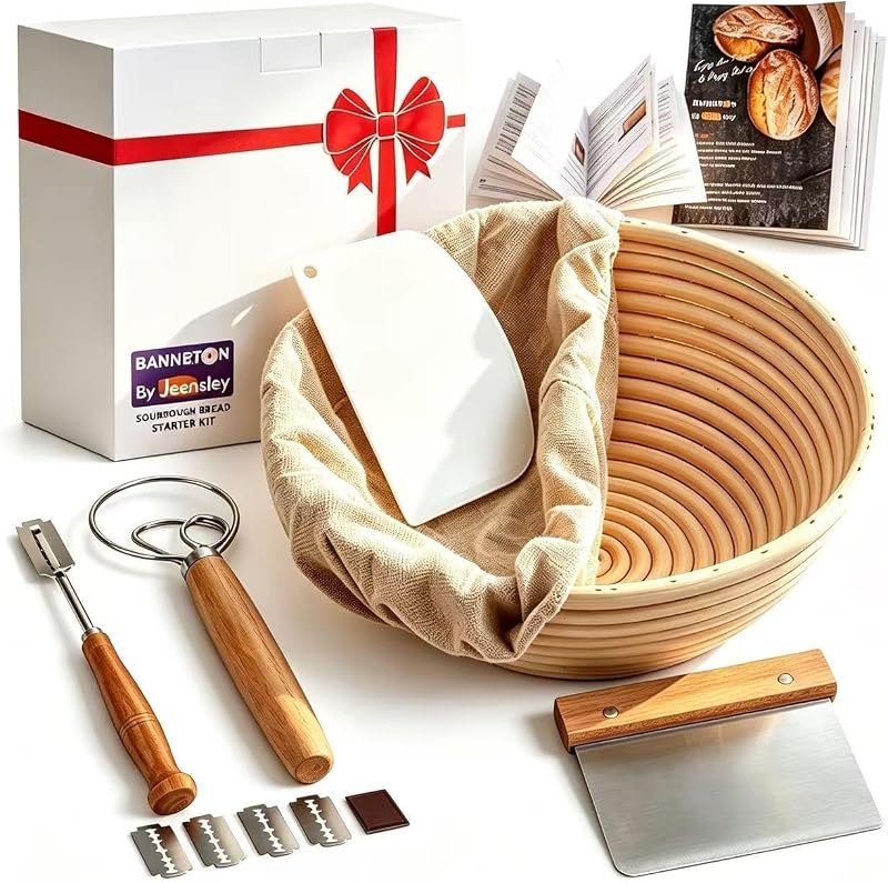 Banneton Bread Proofing Basket Set with Brochure & Baking Supplies, 9 Inch Round Proving Bowl with Liner & Making