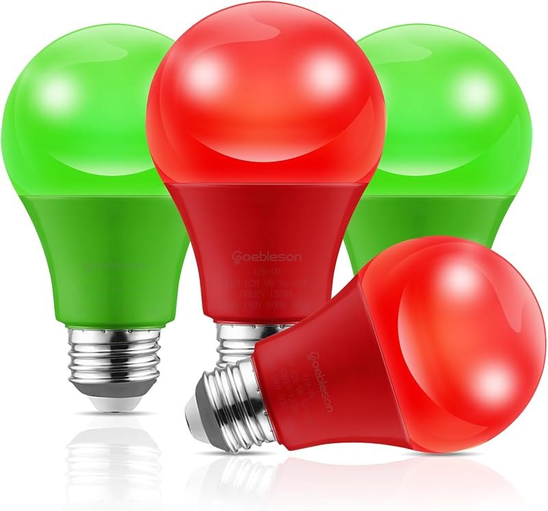 Red and Green Light Bulb, 9W Colored LED Light Bulb (60W Equivalent), E26 Base, Red Christmas Light Bulbs for Pathway
