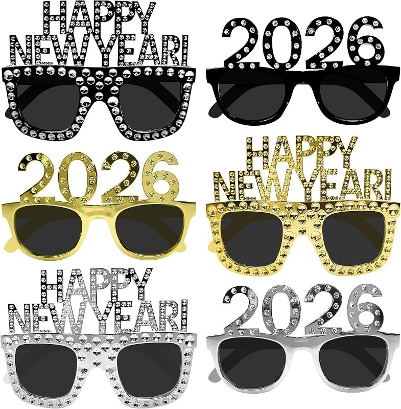 KatchOn Happy New Year Glasses 2026, Pack of 6 — new years eve photo booth props for new years eve photo