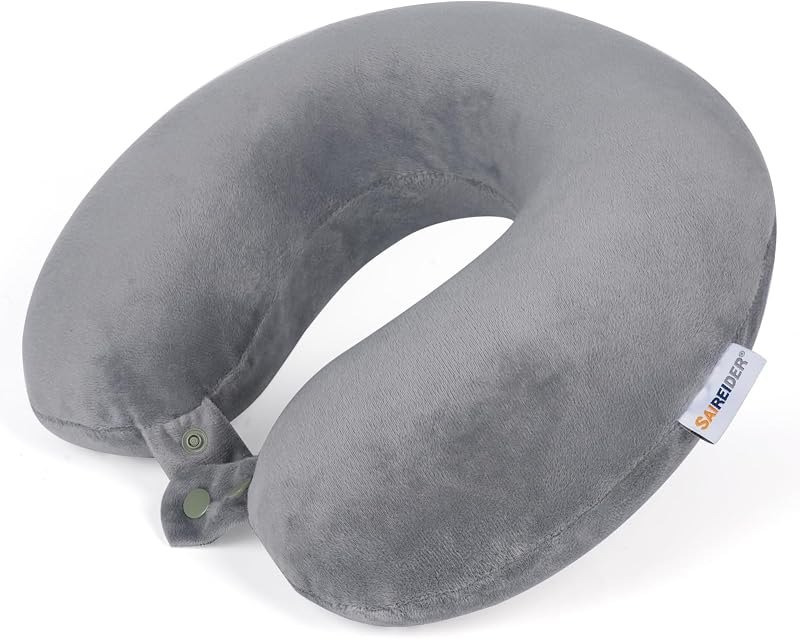 SAIREIDER Travel Pillows for Sleeping Airplane 100% Pure Memory Foam Neck Pillow for Airplanes Washable Cover(Grey) —