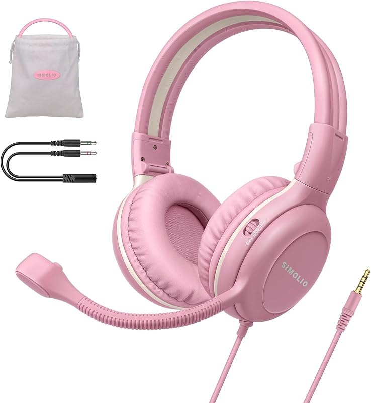 SIMOLIO Kids-Headphones with Microphone for School, 75/85/94 dB Wired Headphones with Boom Mic for iPad, PC, Laptop