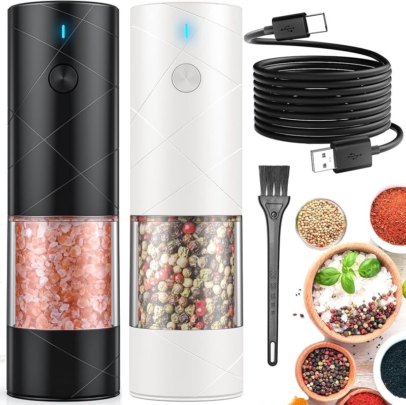 2Pack Electric Salt and Pepper Grinder Set USB Rechargeable with Warm LED Light, Adjustable Coarseness Lidaop Large