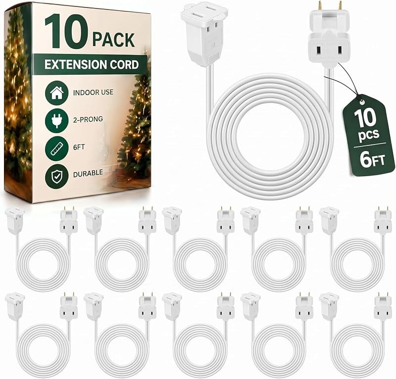 Kanayu 10 Pack 6 ft White Indoor Extension Cord 2 Prong Electric Cord Extender Wire Plug in and End Ac 120 Volts for