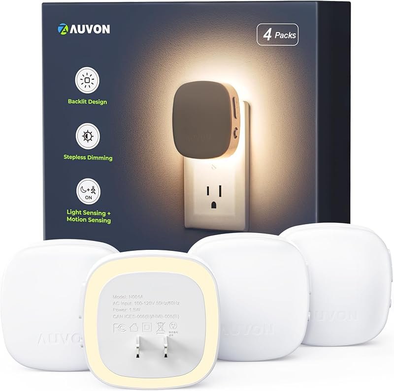 AUVON Plug-in LED Backlit Night Light 4 Packs, Motion & Dusk to Dawn Sensor — night light motion for night light motion