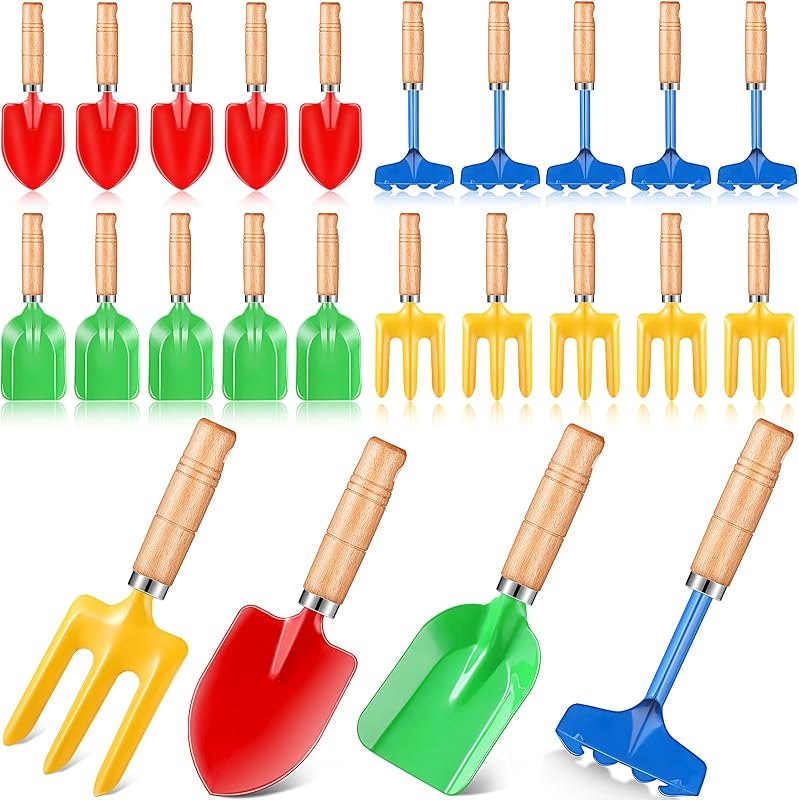 24 Pcs 8" Kids Gardening Tools, Metal Beach Sandbox Digging Toys with Wooden Handle, Including Shovel, Rake, Fork and