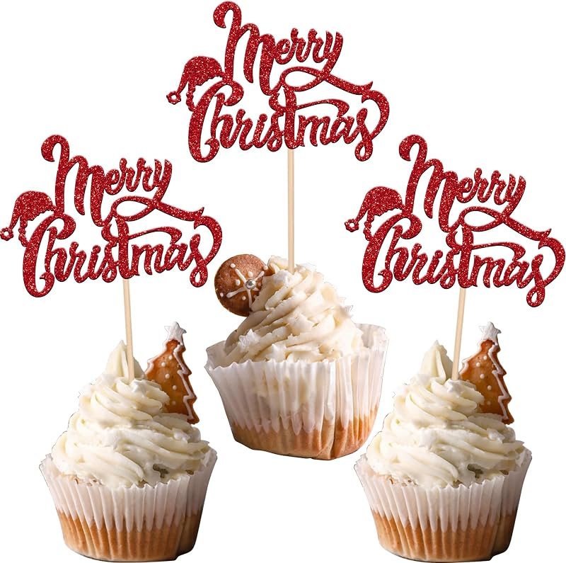 36 PCS Merry Christmas Cupcake Toppers Glitter Christmas Eve Xmas Santa Hat Cupcake Picks for Celebrating Merry