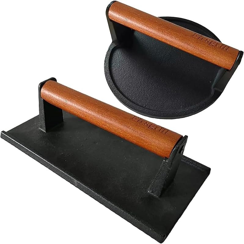 Firsgrill Burger Press 6.6" Round Heavy-Duty Cast Iron Smash Meat Steak with Wood Handle for Blackstone Weber Treager