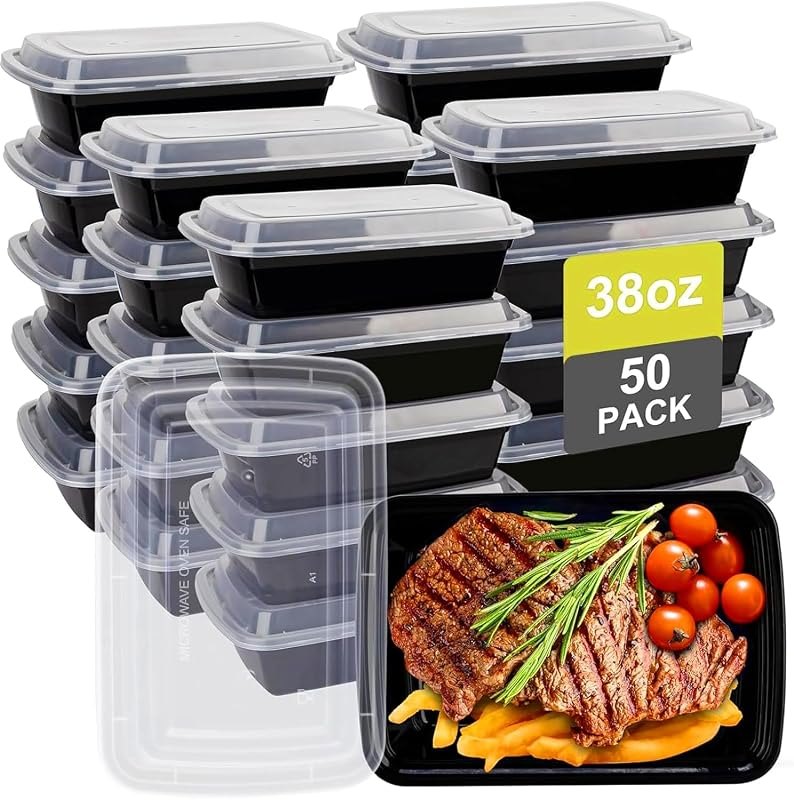 Meal Prep Containers 38oz 50 Pack Plastic To Go Food Containers, Disposable To Go Containers with Lids BPA Free