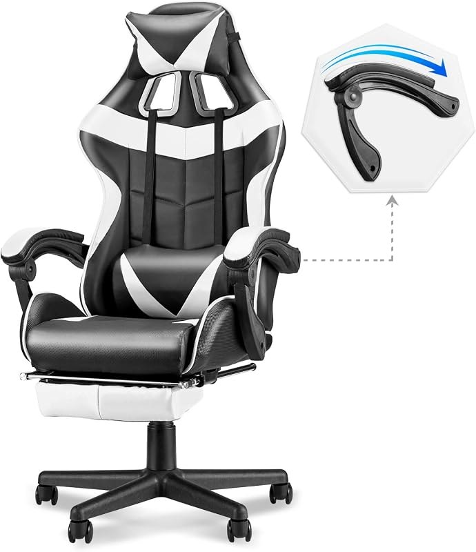 White Gaming Chairs with Footrest,Ergonomic PC Computer Game Chair,Home Office Desk Chair with Headrest and Lumbar