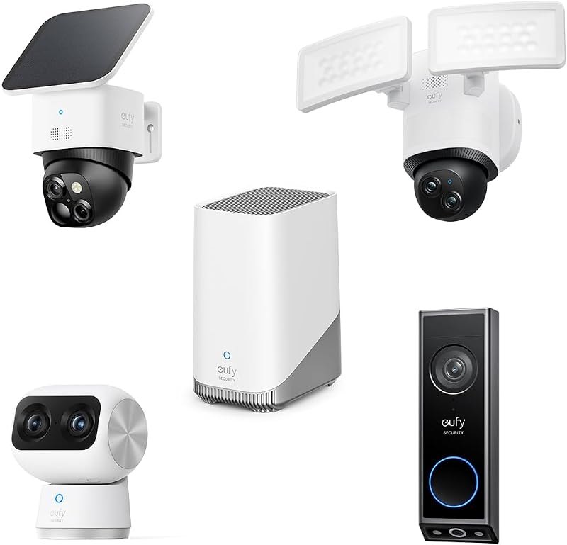 eufy Security HomeBase S380, Indoor Cam S350, Floodlight Camera E340 Wired, SoloCam S340 & Video Doorbell E340