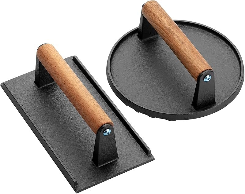 UNCO Cast Iron Grill Press: 6.9' Round & 8.3' x 4.3' Rectangular - Burger & Meat Press, Ideal for Griddles — cast iron