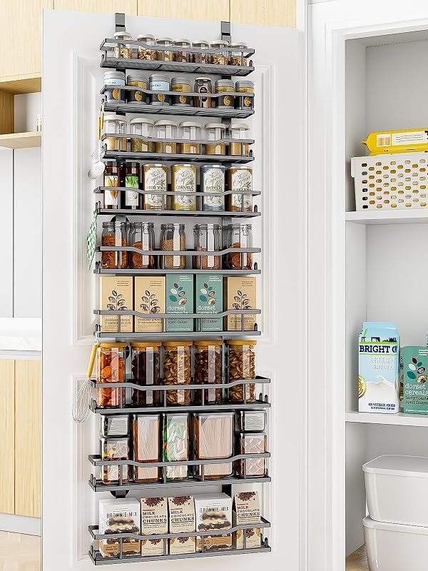Over The Door Pantry Organizer, 9-Tier Over The Door Organizer with Adjustable Baskets, Metal Hanging Spice Rack for