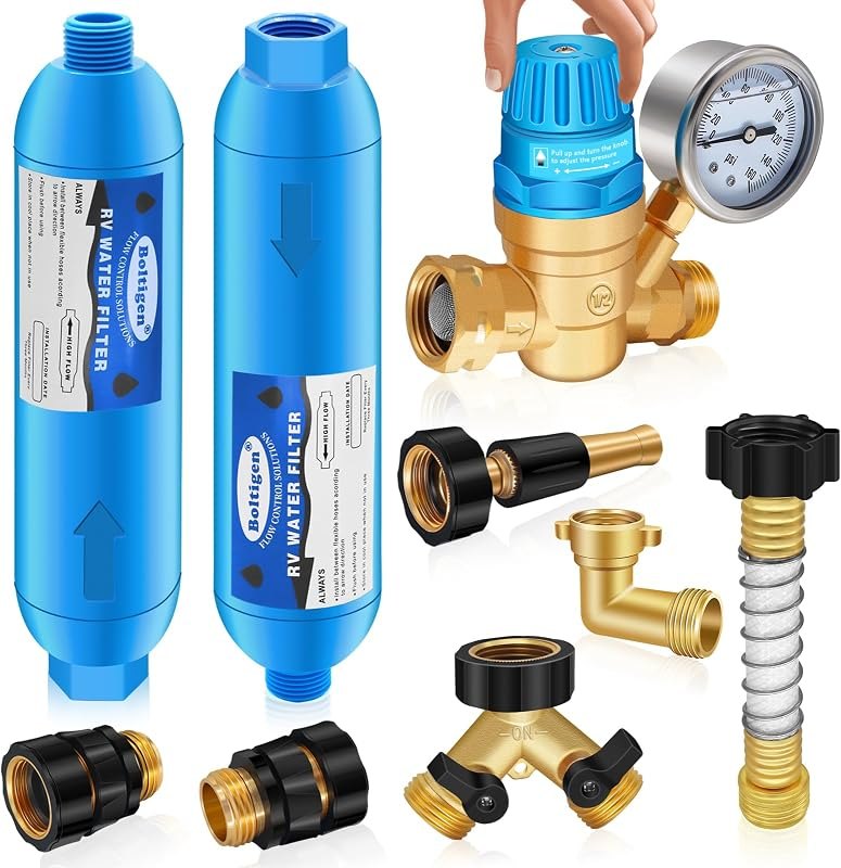 Boltigen RV Water Pressure Regulator Kit, RV Fresh Water Hose Kit with Inline Water Filter, Brass Elbow, Hose