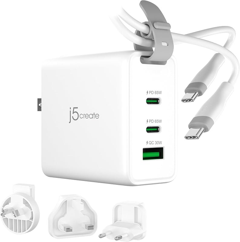 j5create USB-C 3 Port 65W GAN Charger with UK/EU/US/AU Travel Plug Adapter — 65W GaN charger for gan chargers
