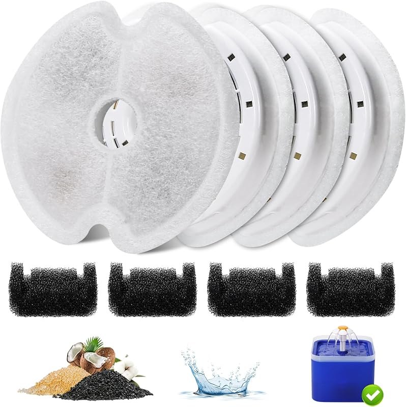 4 Packs Cat Water Fountain Filters for Ultra Silent Cat Fountain 67oz/2L with LED Night Light, Triple Filtration
