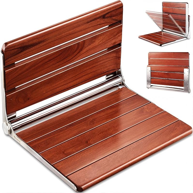[Upgraded Version] 20" ADA Compliant Folding Teak Shower Seat Wall Mounted - Larger Teak Shower Bench, Home Care