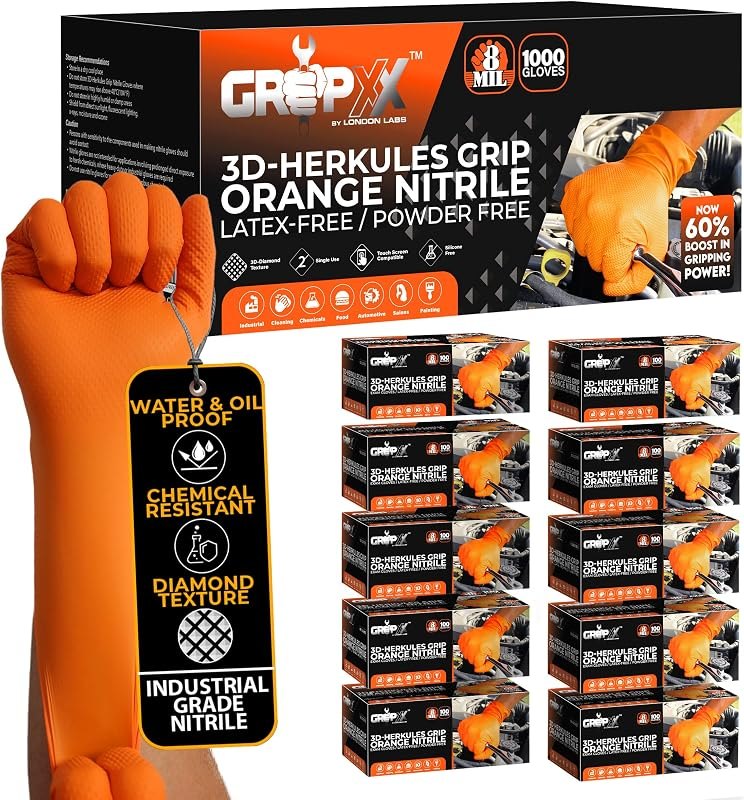 GRIPXX Herkules Grip Heavy Duty 8Mil Nitrile Gloves,3D Raised Diamond Texture-Latex & Powder Free-Industrial, Mechanic