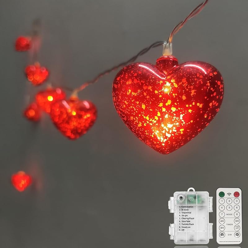 Valentine Heart Lights 6.8Ft 10 LED Valentines Decor Light with Remote Timer, Battery Powered Heart String Lights