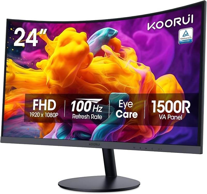 KOORUI 24 inch Curved Computer Monitor, FHD 100Hz VA 1500R PC Screen — 24 inch 1440p monitor for inch 1440p monitor