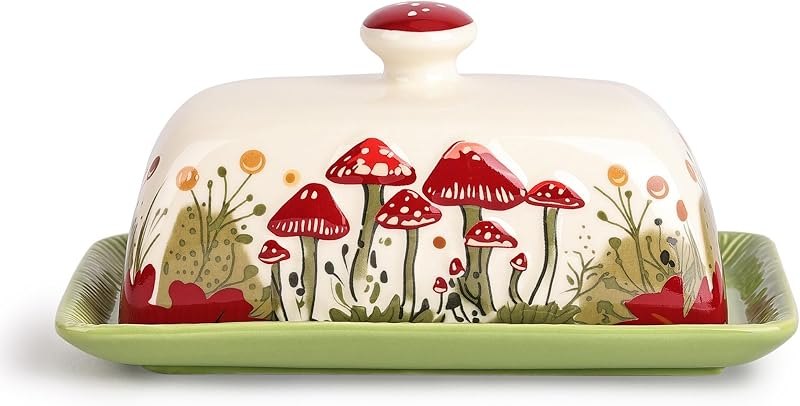 Fungi Fun Ceramic Butter Dish with Lids - Mushroom Butter Containers, White — Herb Butter Baking Dish for herb butter