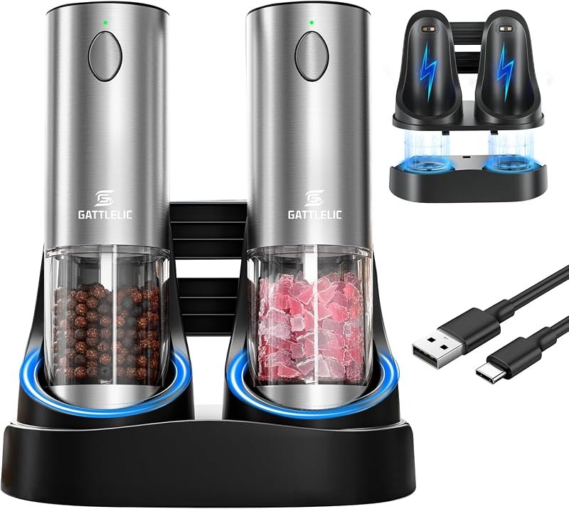 Electric Salt and Pepper Grinder Set, Automatic Pepper Mill Grinder w/Upgraded Charge Base and LED Light,Adjustable