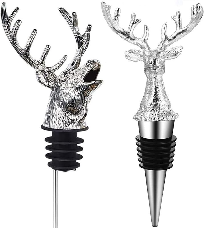 Reindeer Pourer and Deer Head Wine Corks, Bar and Household Wine Corks, Animal Wine Pourer (Silver)