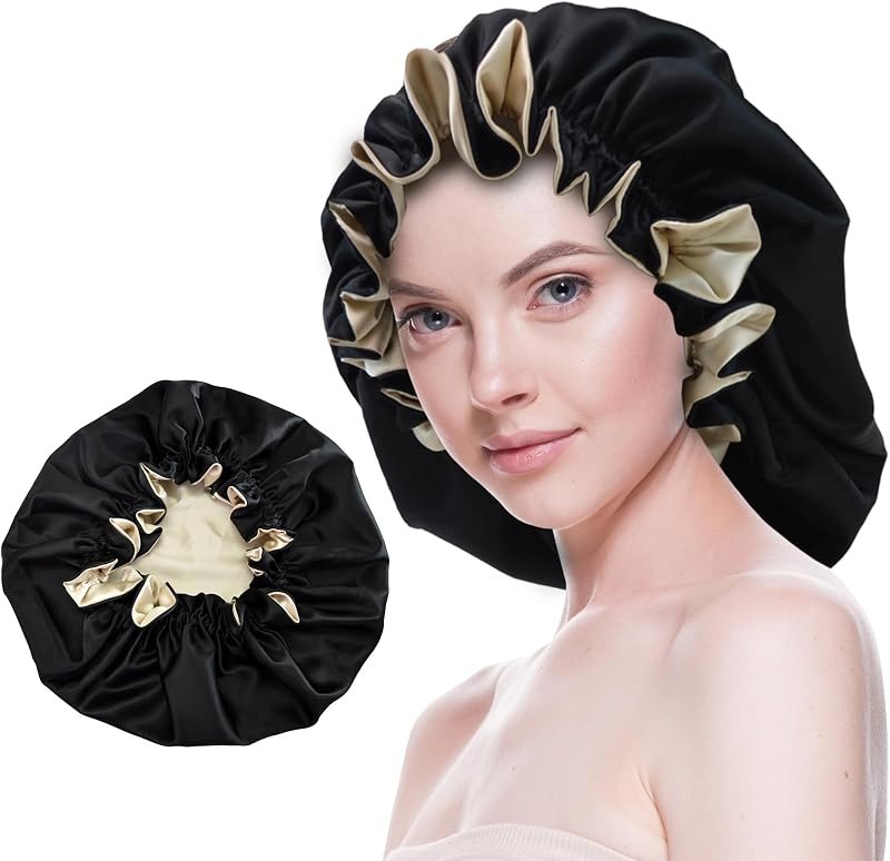Silk Bonnet for Sleeping Satin Bonnets Double Layer Reversible Hair Cap Bonnet for Women Long Curly Braid Hair (Black)