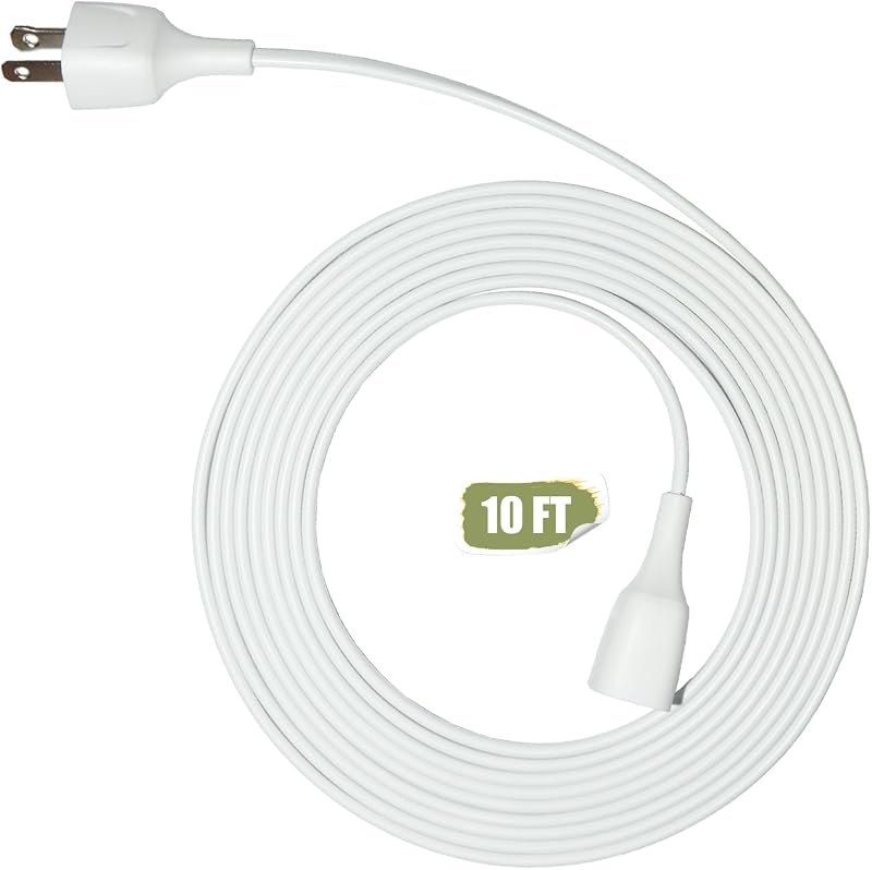 10FT White, Flat and Thin, 2 Prong 20 AWG, 10+ ft Extension Cord for Indoor Use with Single Outlet - Ideal for