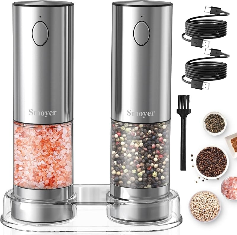 Electric Salt and Pepper Grinder Set, Smoyer Stainless Steel Automatic Salt and Pepper Grinder Mill, Electric Pepper