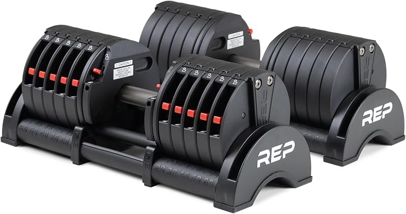 REP Fitness QuickDraw Adjustable Dumbbell Set, Pair, 30/40/50/60 lb Each, Steel Plates, Knurled Handle, Lock-N-Load