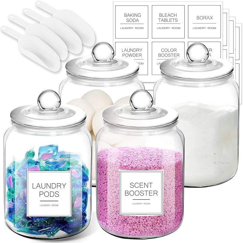 FyndraX Half Gallon Glass Jars - Large Airtight Containers with Scoop and Labels for Organization and Storage Laundry