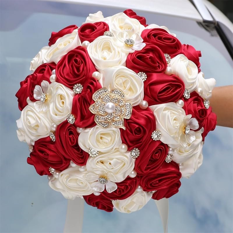 7.5" Ruby Red & Ivory Bridal Wedding Bouquet Round Bling Brooch Bouquet Throw Toss Artificial Rose Flower Bunch for