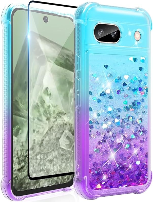 for Pixel 8A Case: Clear Glitter Flowing Liquid Quicksand Shockproof Corner Phone Case for Google Pixel 8A with