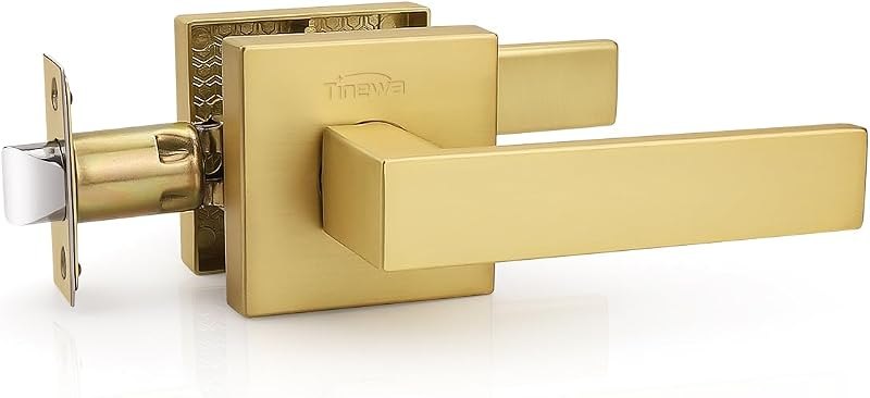 Tinewa 1 Pack Gold Keyless Square Levers Handles, Satin Brass Finish, Interior Passage Door Locksets for Hall Closet