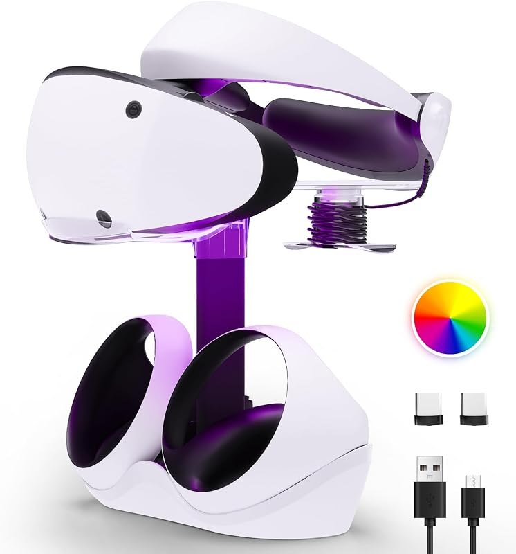 Charging Station for PSVR 2, Multifunction PSVR2 Stand with 7 RGB Light, Headset Display Stand, Dual Controllers
