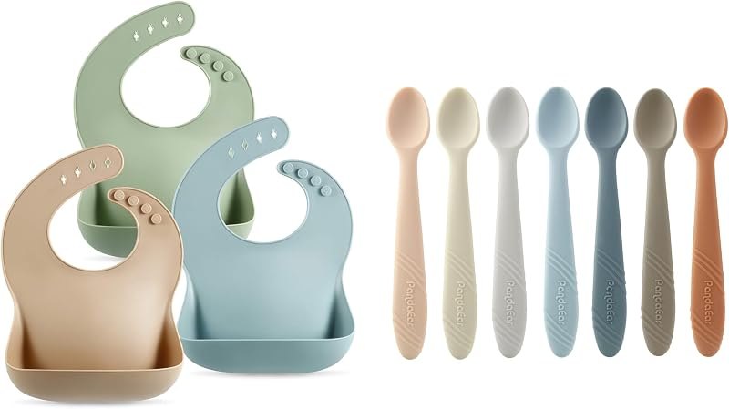 PandaEar Set of 3 Cute Silicone Bibs & 7 Pack Silicone Baby Feeding Spoons — baby silicone bibs for baby silicone bibs