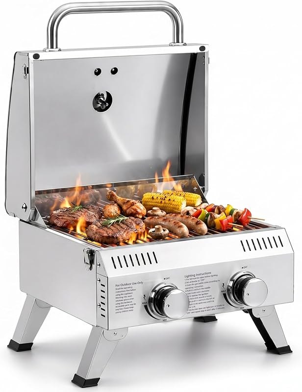ROVSUN 2 Burner Portable Gas Grill, 20000 BTU Outdoor Tabletop Propane Grill with Ignition, Built-in Thermometer &