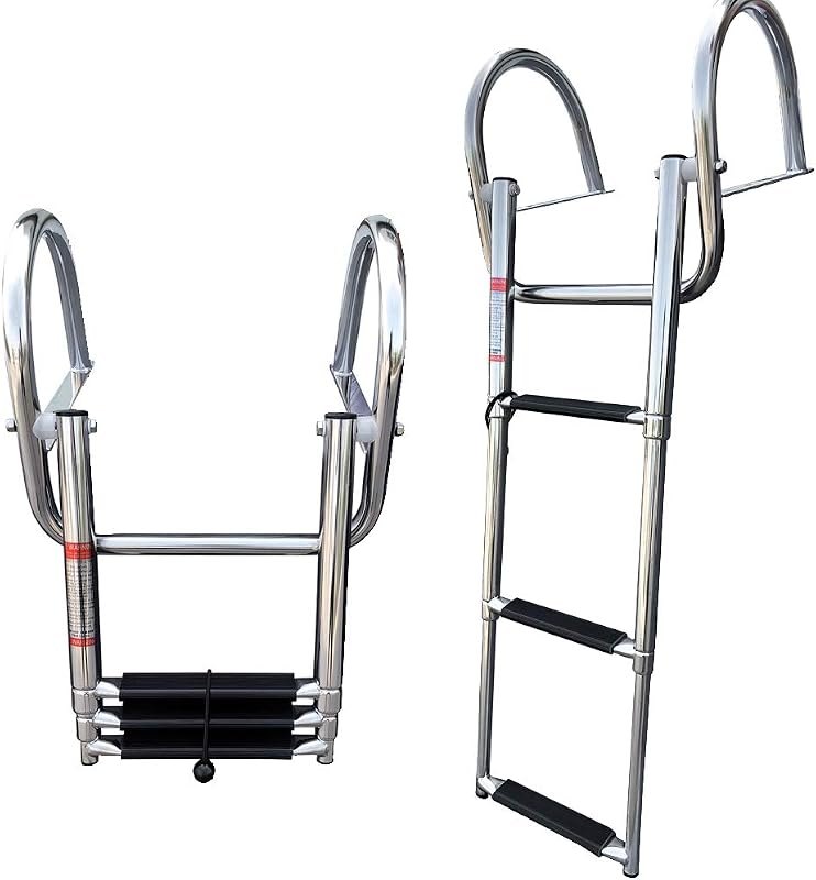Pontoon Boat Ladder, Stainless Steel 3 Step Telescoping Boat Boarding Ladder with Wide Steps, Folding Boat Swim