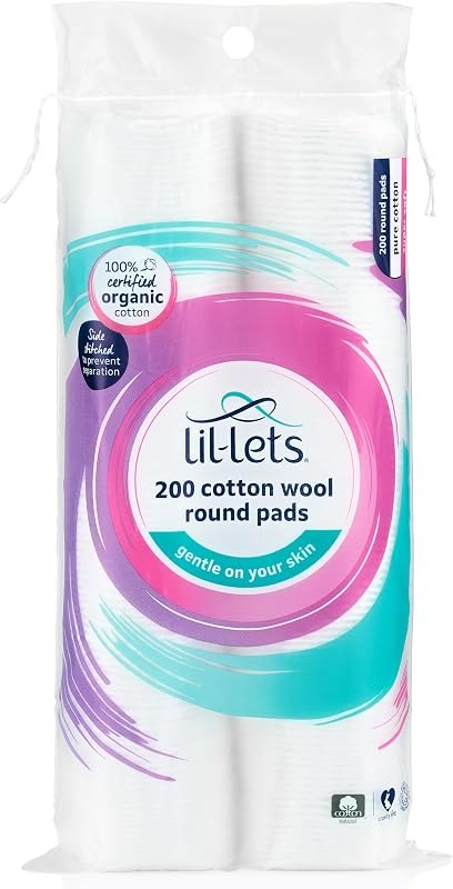 Lil-Lets Cotton Wool Round Pads, Certified Organic, 100% Pure Cotton Wool, Soft and Absorbent, Gentle on Skin