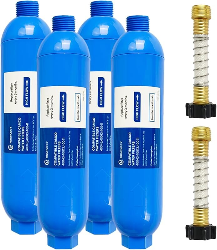 Hourleey 4 Pack RV Inline Water Filter with 2 Flexible Hose Protector, Reduce Bad Taste, Odors, Rust, Fluoride