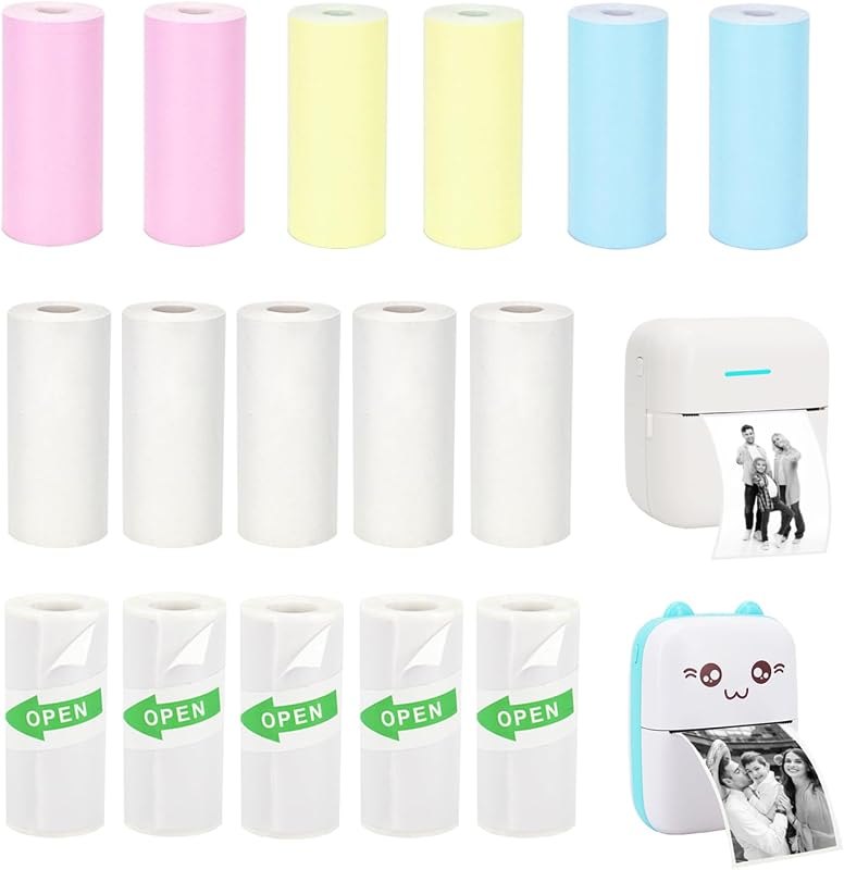 16 Rolls Mini Printer Paper, Including 5 White Sticker, 6 Colored Plain, and 5 White Plain Paper Rolls for Mini