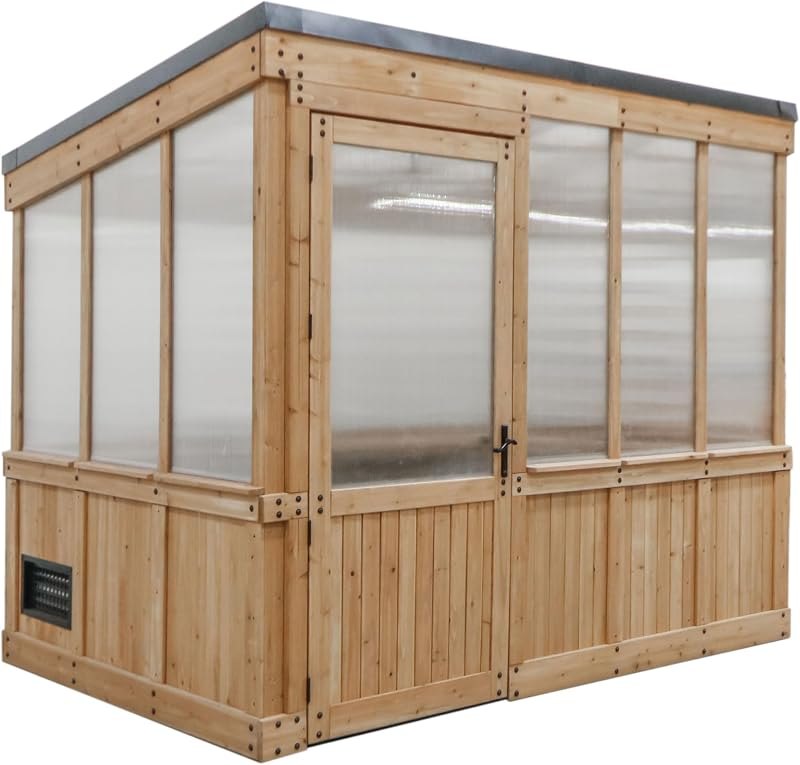 Backyard Discovery Willow 9' x 6' Cedar Wood and Polycarbonate Walk-in Greenhouse Kit with Exhaust Fan, Windows, Hose