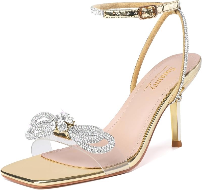 Women's Closed Toe Rhinstone Wedding Low Heel Slingback Clear Kitten Heels,Adjustable Strap Pointed Toe Bow Pumps High
