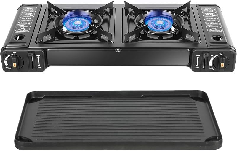 Double Burner Butane Stove, Butane Camping Stove Kit with Baking Pan and Carrying Case, Portable Camping Burner for