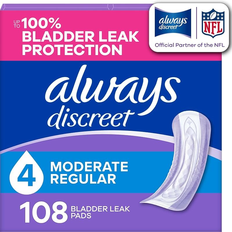 Always Discreet Adult Incontinence Pads for Women, Drier, 4 Drop Regular Length, Moderate Absorbency, Pads for Bladder