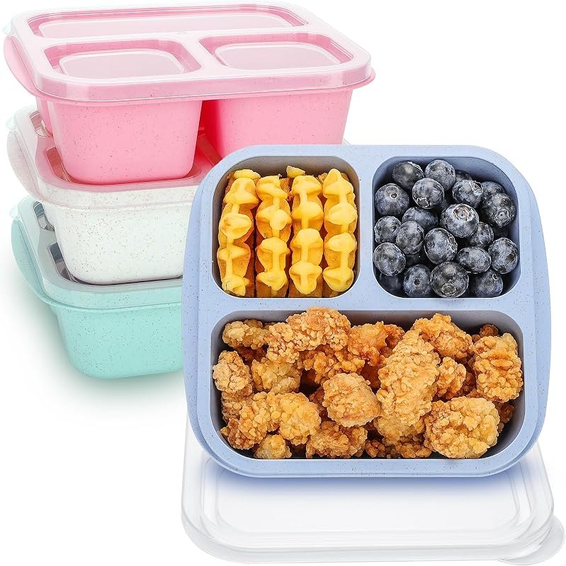 TOUWMX Bento Box For Kids, 4 Pack 3 Compartments Meal Prep Containers Reusable Lunch Containers, Food Storage