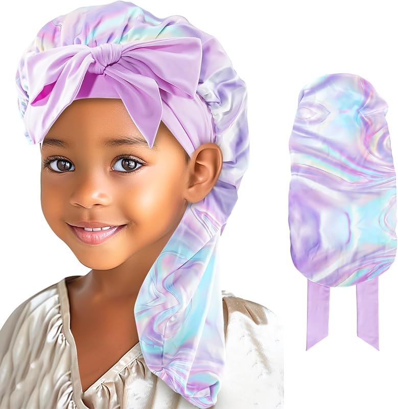 Lolalet Kids Bonnets for Girls, Long Silk Bonnet for Sleeping Kids Satin Bonnet Cap with Tie Band for Dreadlocks Braid